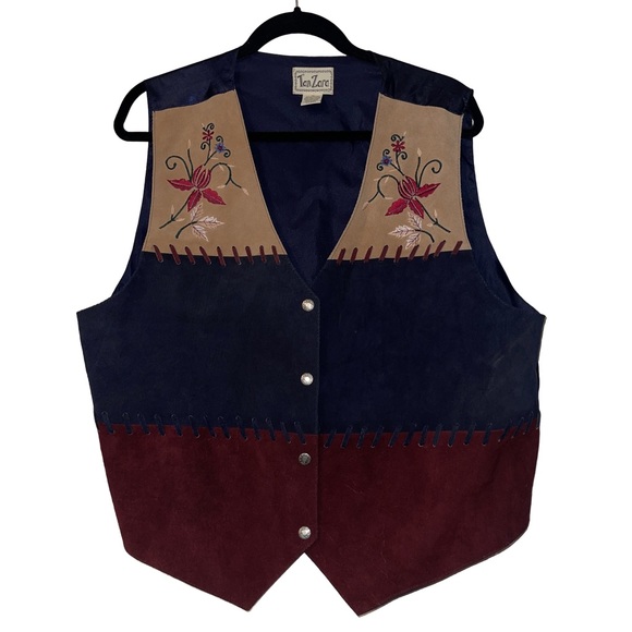 TanZara Vintage Vest Women’s Red Blue Brown Leather Western Snap Size 1X - Picture 1 of 13